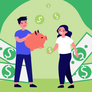 Man and woman holding coins and piggy bank