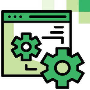 Website homepage with two green gears on top