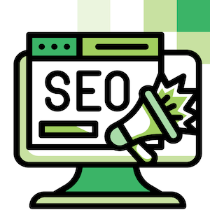 SEO on a computer and desktop icon with a megaphone
