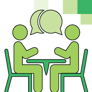 Two people talking with green chairs and speech bubbles