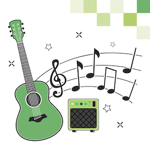 green guitar with amp and music notes