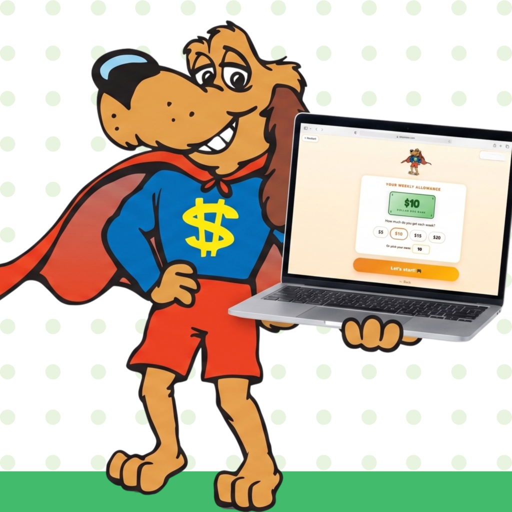 Dollar Dog holding a laptop